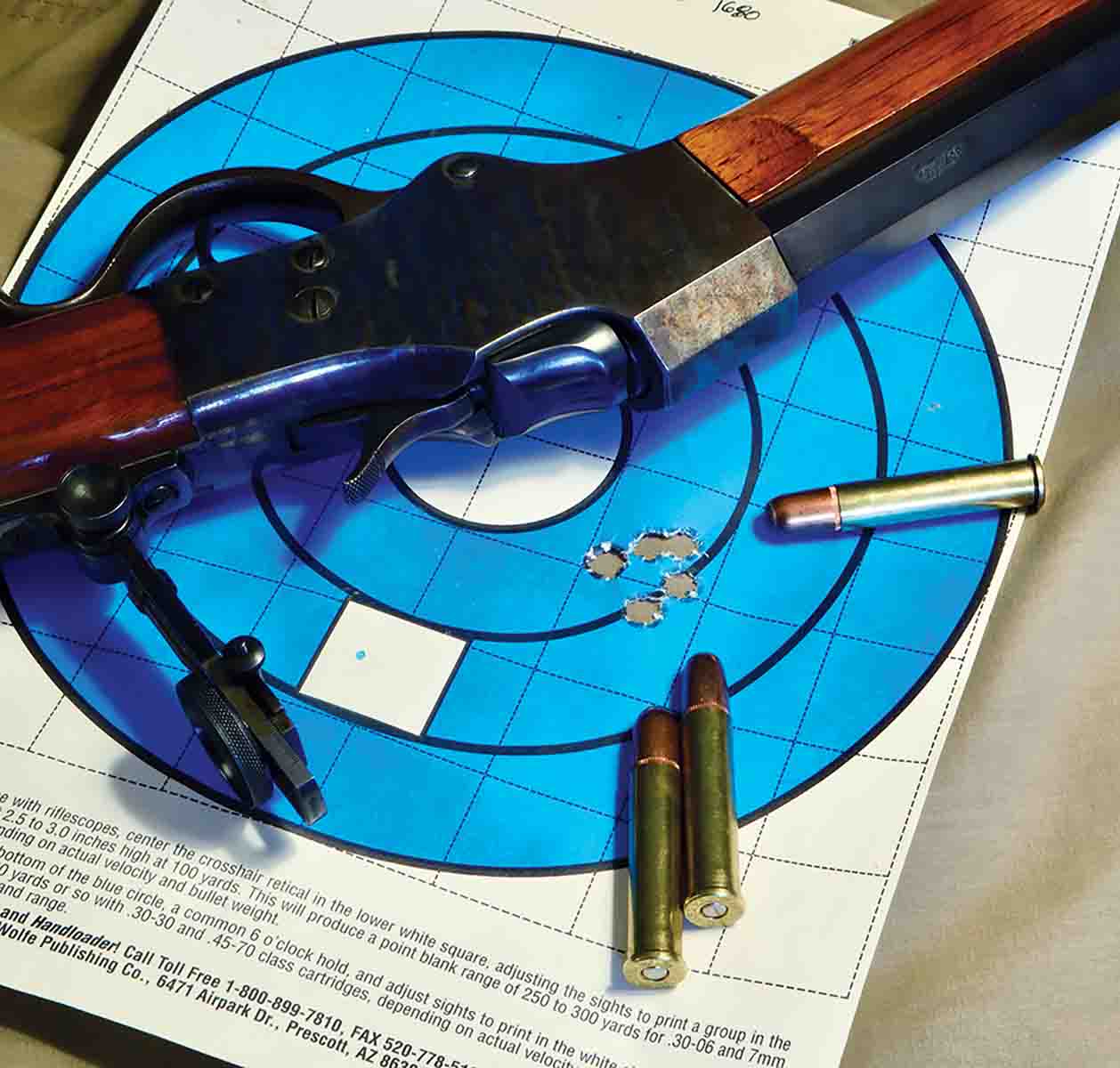 Stevens “Ideal Range” Model 45, sporting its new 357 Maximum barrel. This .722-inch group was shot at 37 yards, while experimenting with different apertures for the globe front sight. Even so, not bad for the venerable Sierra (.358-inch) 200-grain roundnose, made famous in the 35 Remington. Alas, at 100 yards, all the good, close-in groups opened up, some quite  dramatically. This load at 100 yards recorded a 2.7-inch, five-shot group – still very good – with iron sights.
